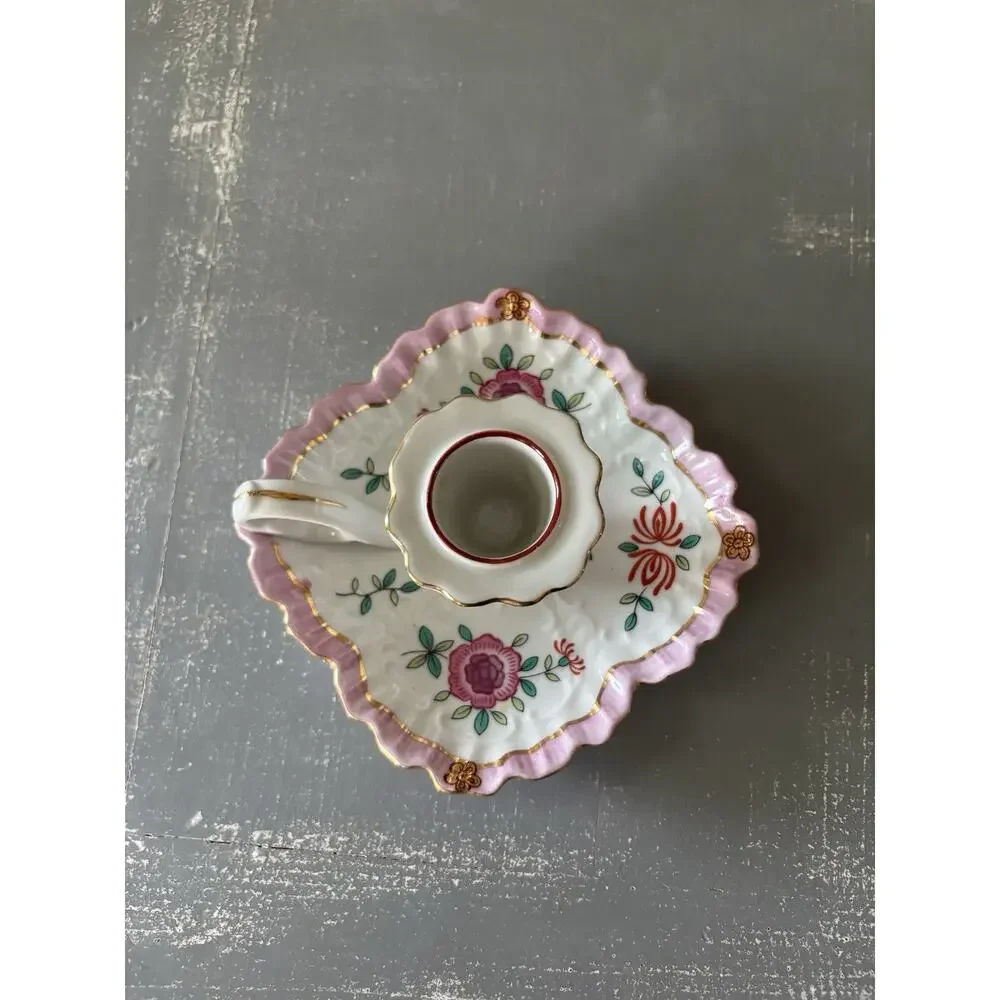Vintage Lord & Taylor Japan Floral Chamberstick Finger Loop Candle Holder